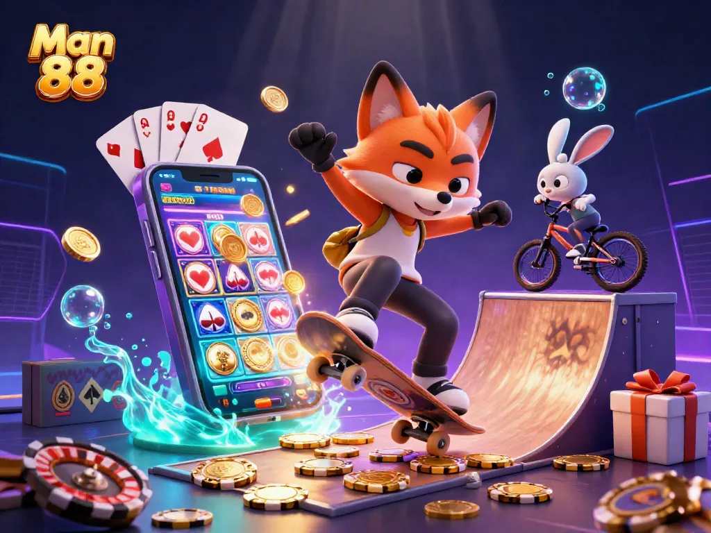 Experience vibrant gaming excitement with Man 88 featuring a fox doing tricks over golden poker chips.