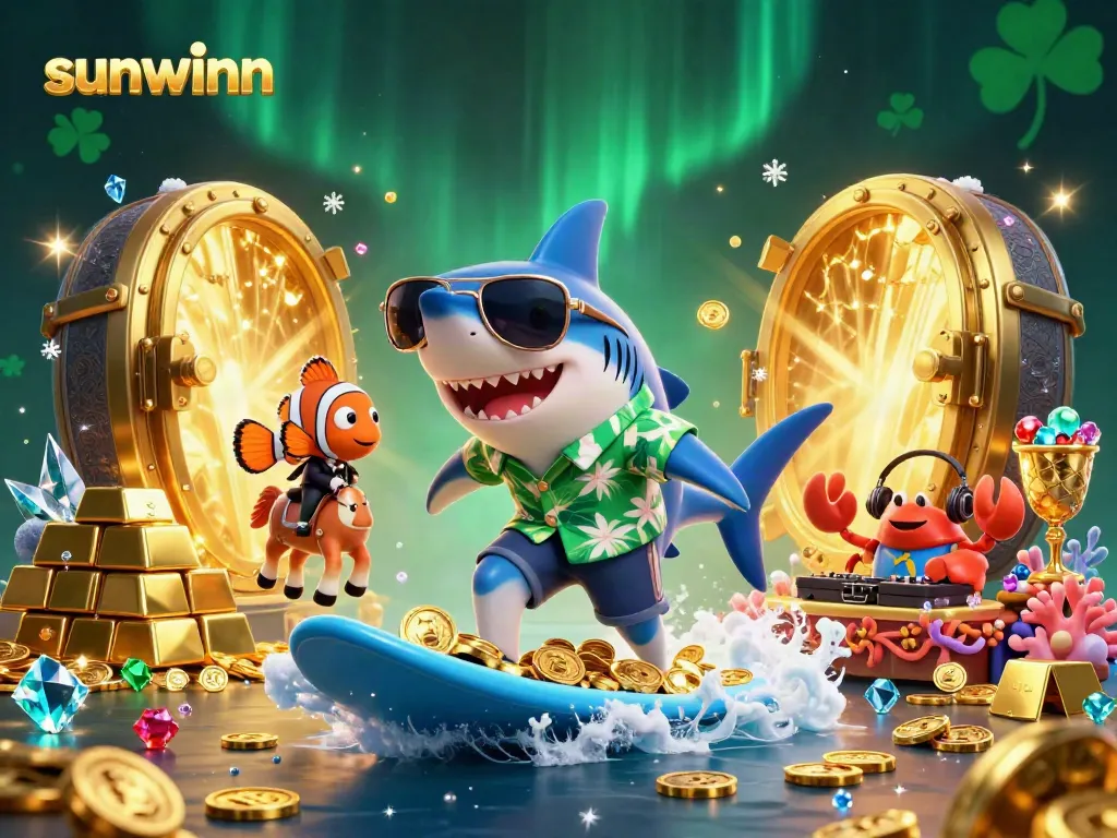 Play at sunwinn with a thrilling scene of a shark surfing gold coins surrounded by majestic treasures.