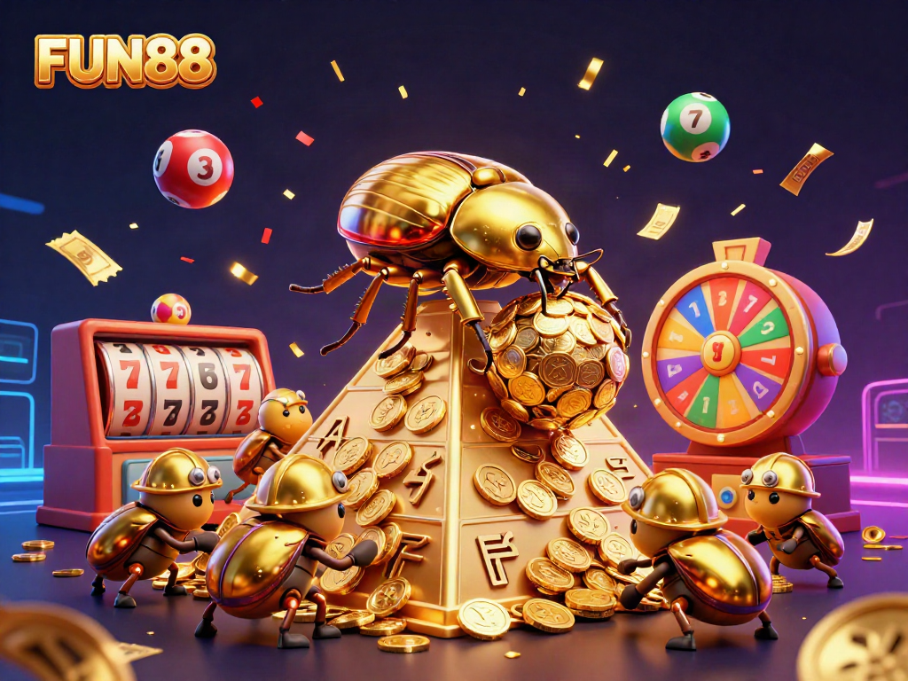 Engage in thrilling FUN88 activities with colorful elements and a dynamic casino scene.