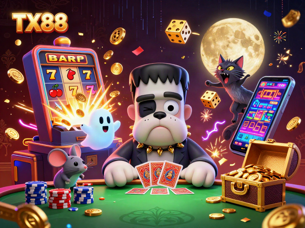 TX88 unleashes thrilling excitement at the casino, featuring animated characters, slot machines, and vibrant gameplay.