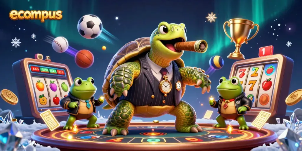 Experience the excitement of ecompus with a playful 3D casino scene featuring a turtle mobster and sporty elements.