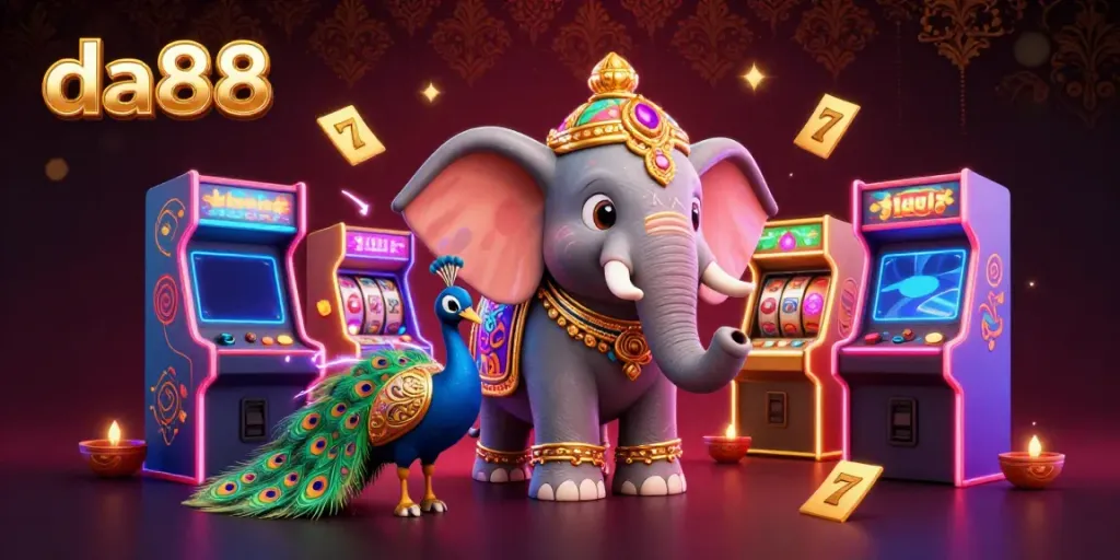 Experience exciting gameplay with da88's vibrant casino offerings, featuring a Diwali-themed elephant among dynamic game elements.
