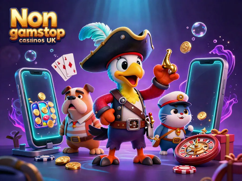 Join the adventure at Non gamstop casinos UK with a vibrant scene of gaming excitement featuring unique characters and games.