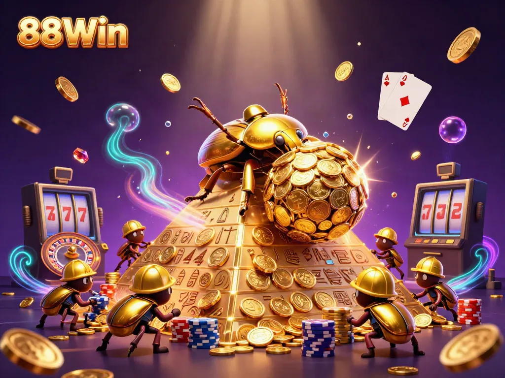 Experience the thrill of 88Win with a dynamic scene of golden beetles and casino elements.