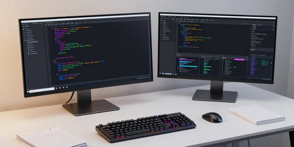 .uk domain search in a modern tech office with code editor and AI visuals.