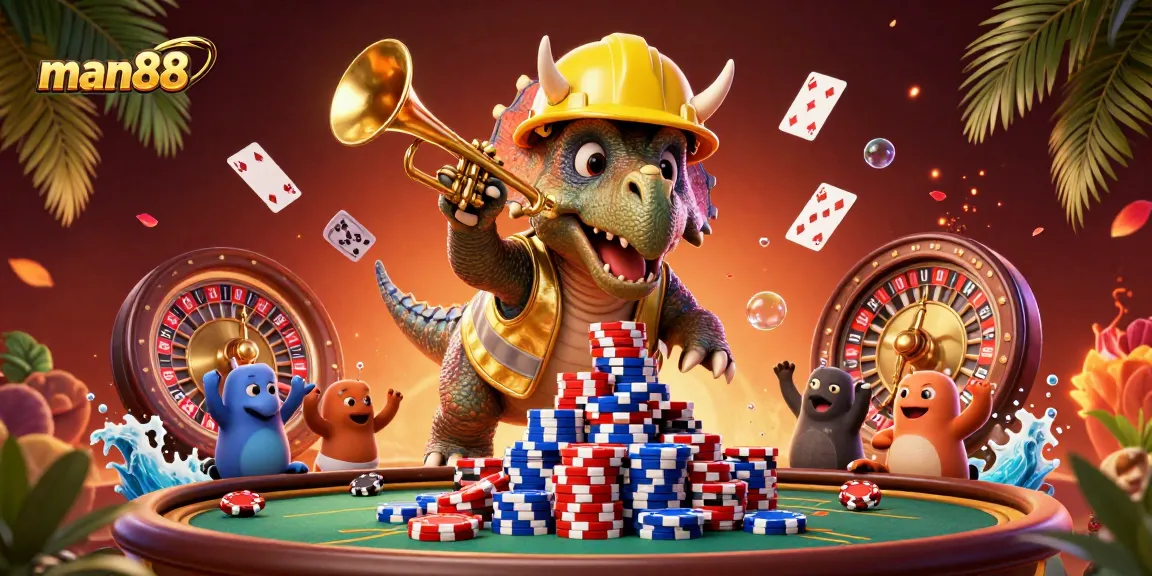 man88 elevates gameplay excitement with vibrant triceratops and poker-themed celebration