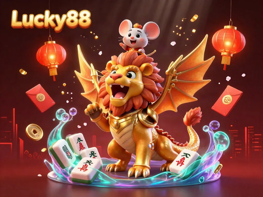 Experience the excitement of Lucky88 with a captivating chimera creature and festive casino elements.
