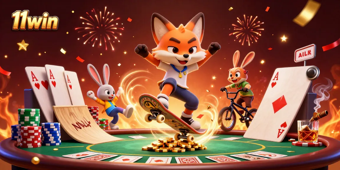 Experience thrilling gameplay with 11win, featuring a skateboarder fox and BMX rabbit in a vibrant casino scene.