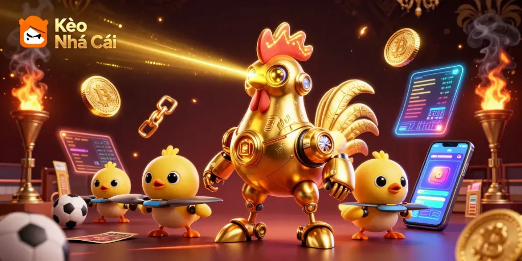 Engage with Kèo Nhà Cái through dynamic sports betting elements featuring a futuristic golden rooster.