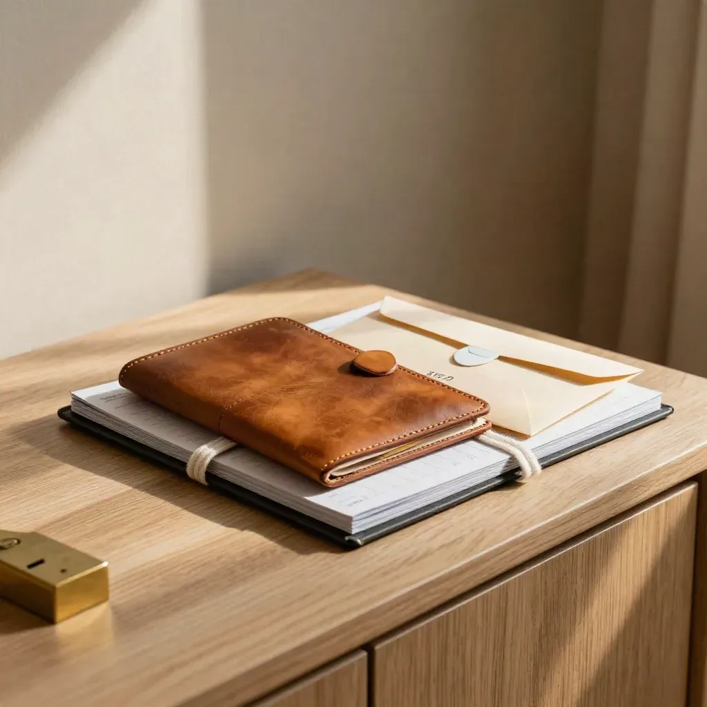 Two passport covers, return envelope and checklist folder on pale oak in warm late-afternoon light.