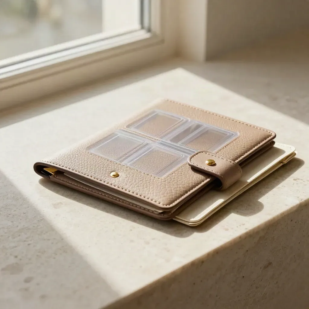 Passport renewal kit on a limestone ledge with wallet, photo sleeves and folder in warm window light.