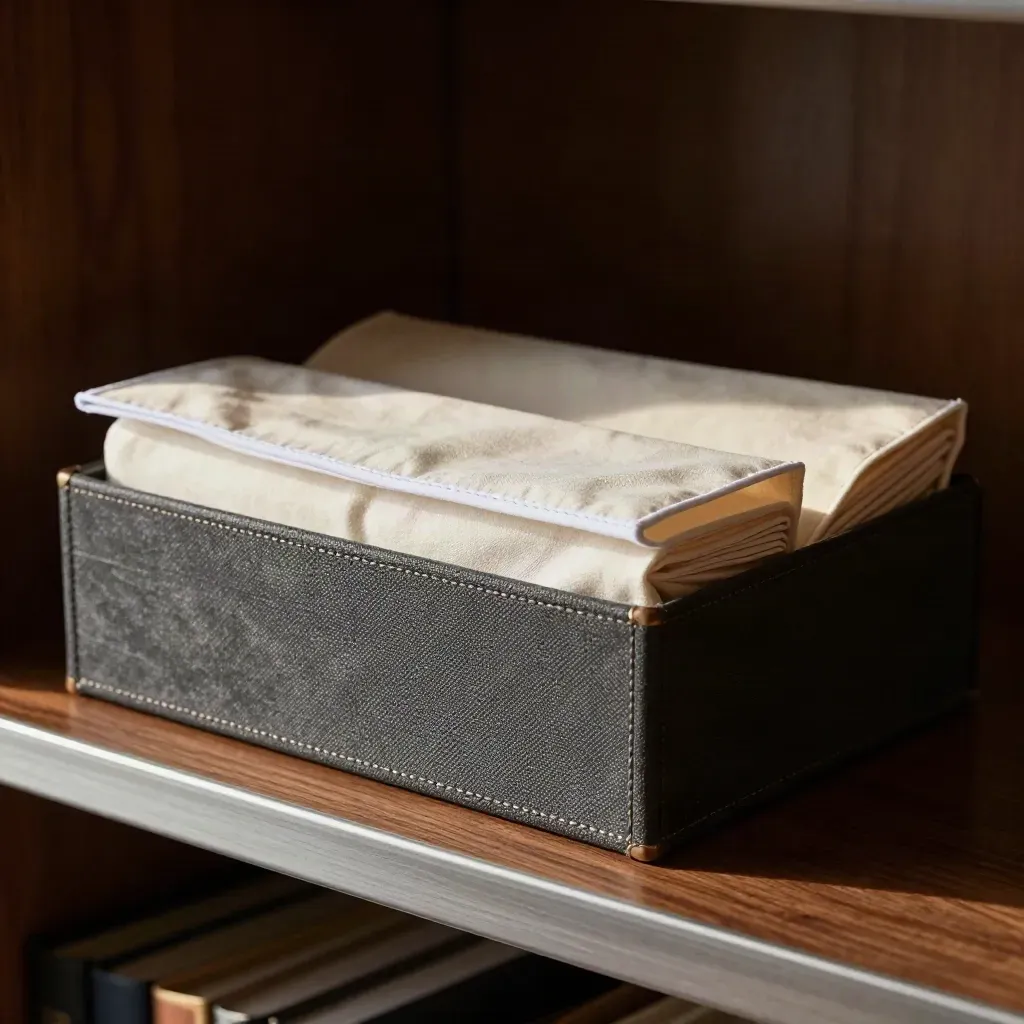 Archive box, linen sleeves and sealed document pouch on a dark shelf in raking light