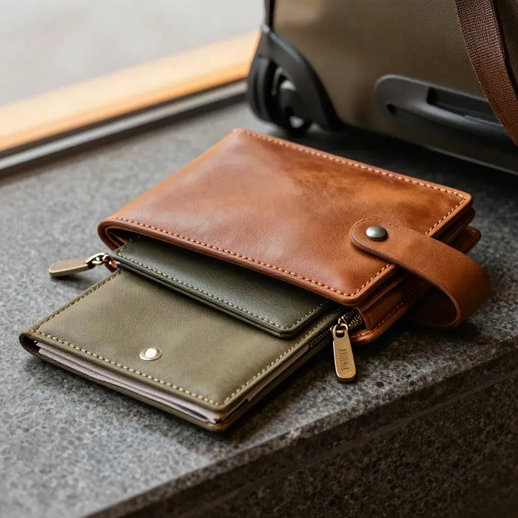 Travel wallet, passport cover and document pouch in a corridor with a blurred departure-board glow.