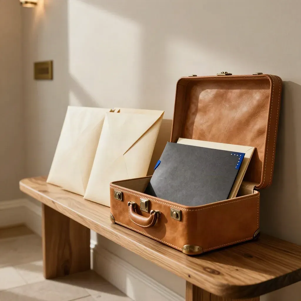 Three cream renewal packs beside a leather document case in a warm hallway