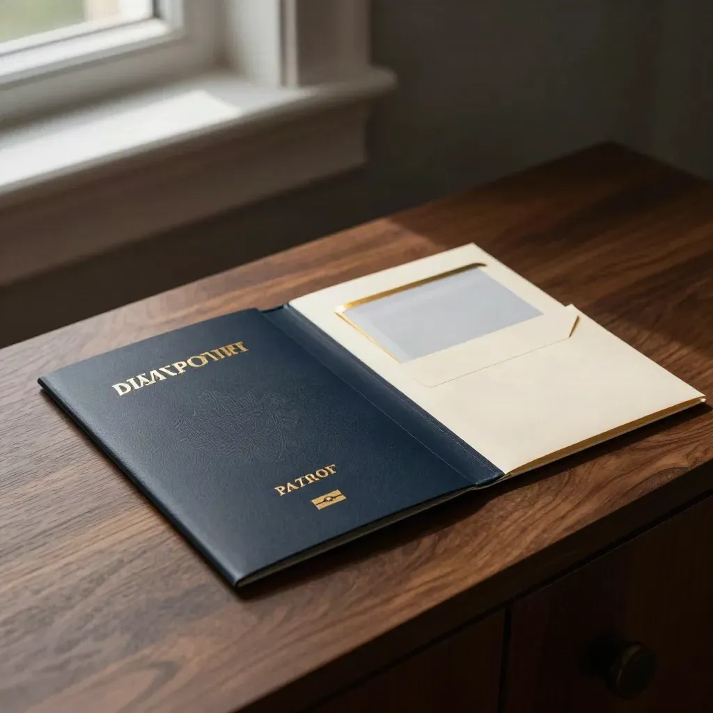 Passport starter kit on a dark wood sideboard with folder, photo sleeve and envelope