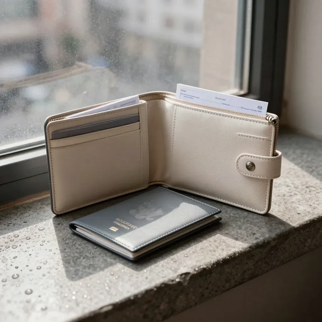 Travel wallet, passport cover and document pouch on a rain-lit stone window ledge.