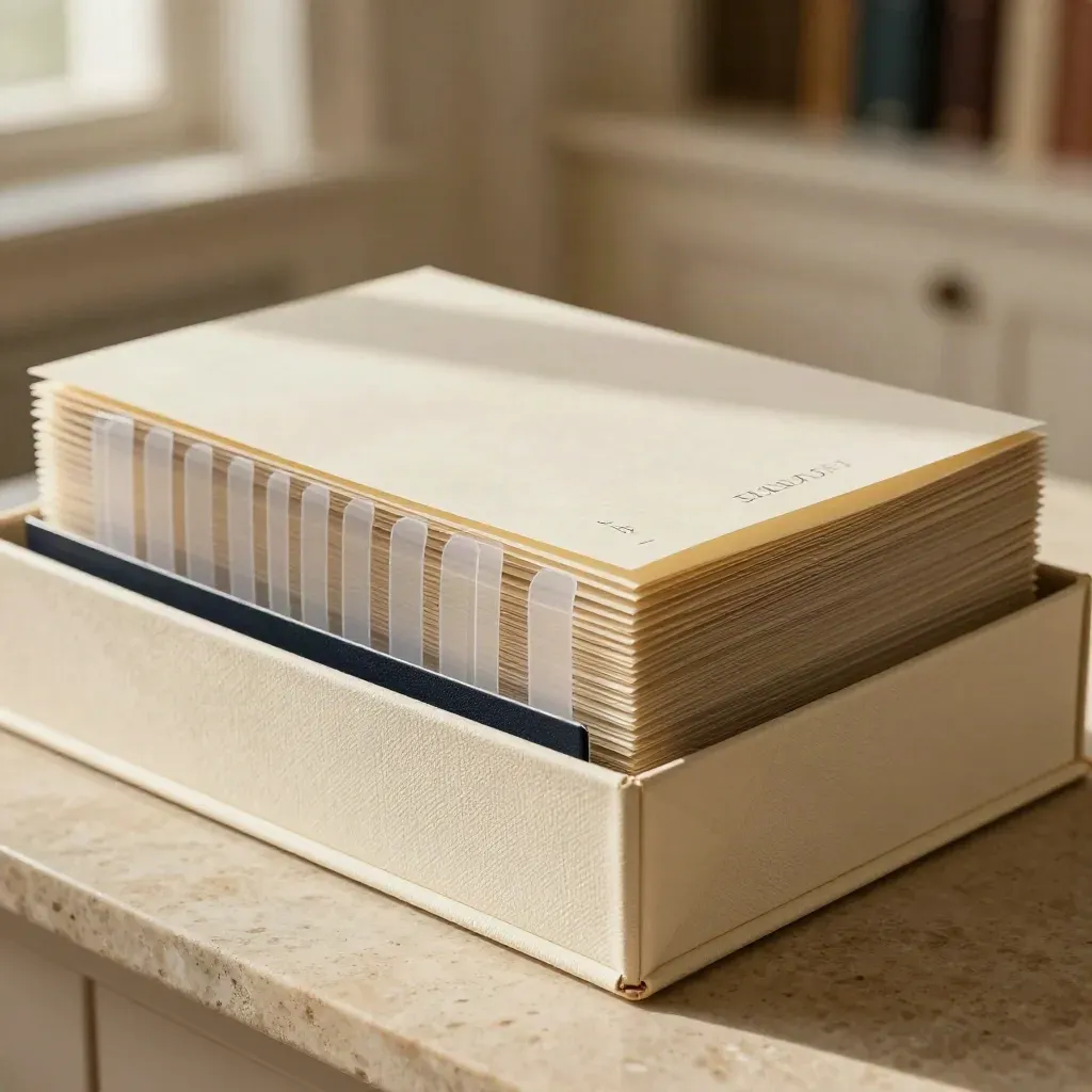 Archival box, family record sleeves and binder tabs on a sunlit stone counter.