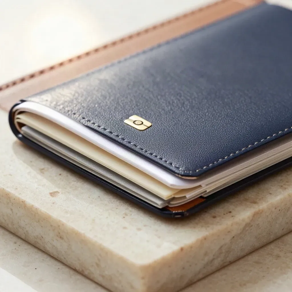 Macro of passport photo check tools on dark leather with soft bokeh