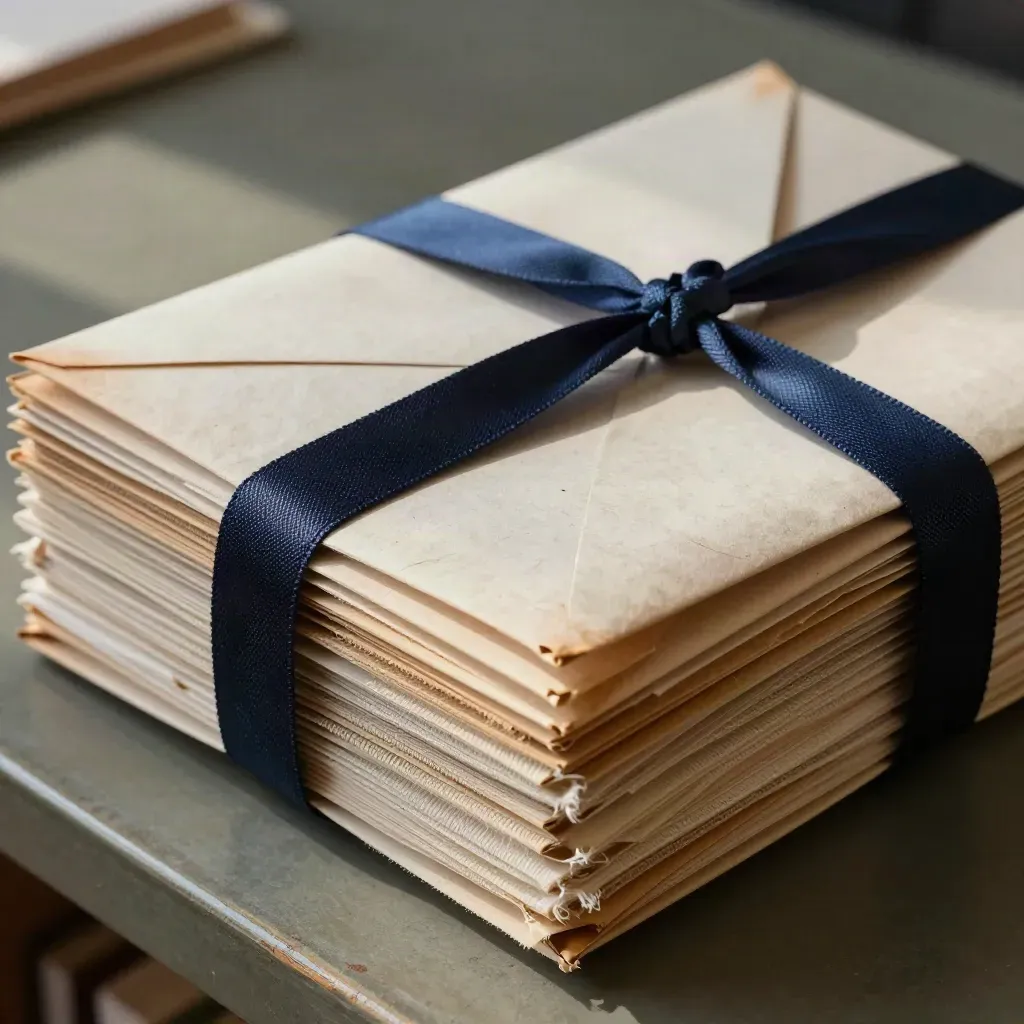 Archival linen sleeves, navy ribbon and aged envelopes on pale paper fibre board.