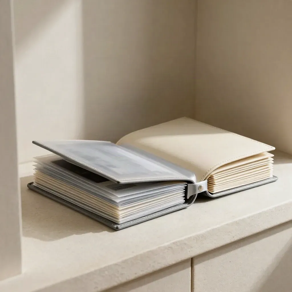 Accordion folder, photo sleeves and archive tray on a plaster ledge in soft daylight.