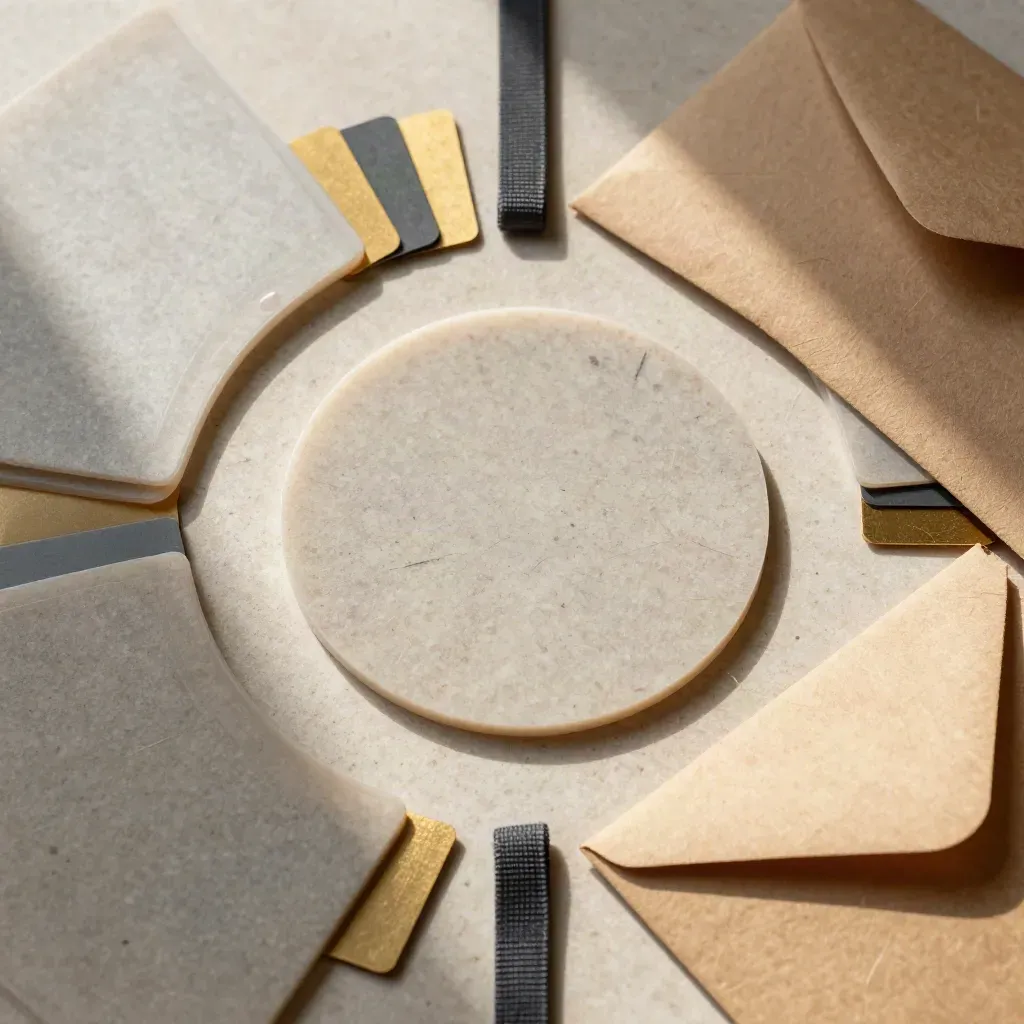 Overhead flatlay of photo sleeves, tabs, folded envelope and elastic band on stone