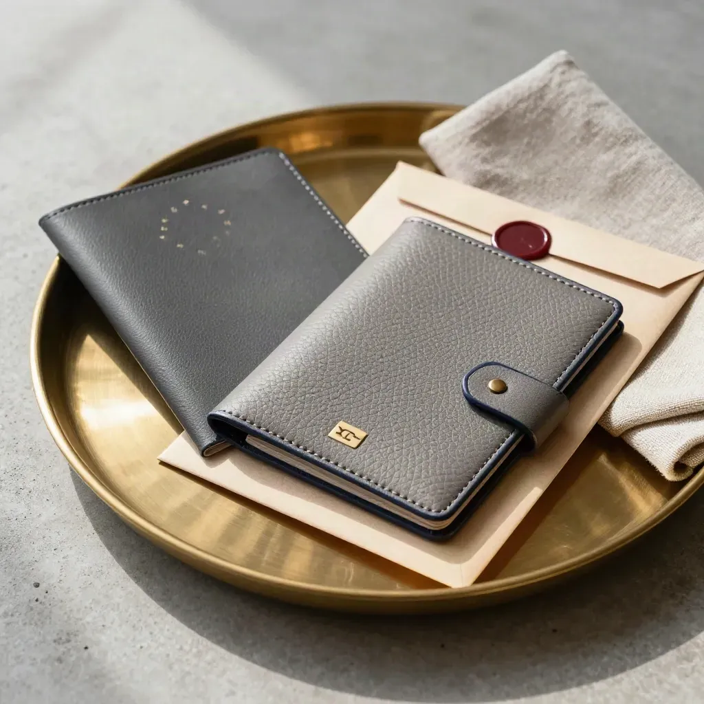 Brass tray with passport wallet, sealed pouch, and dispatch envelope on concrete.