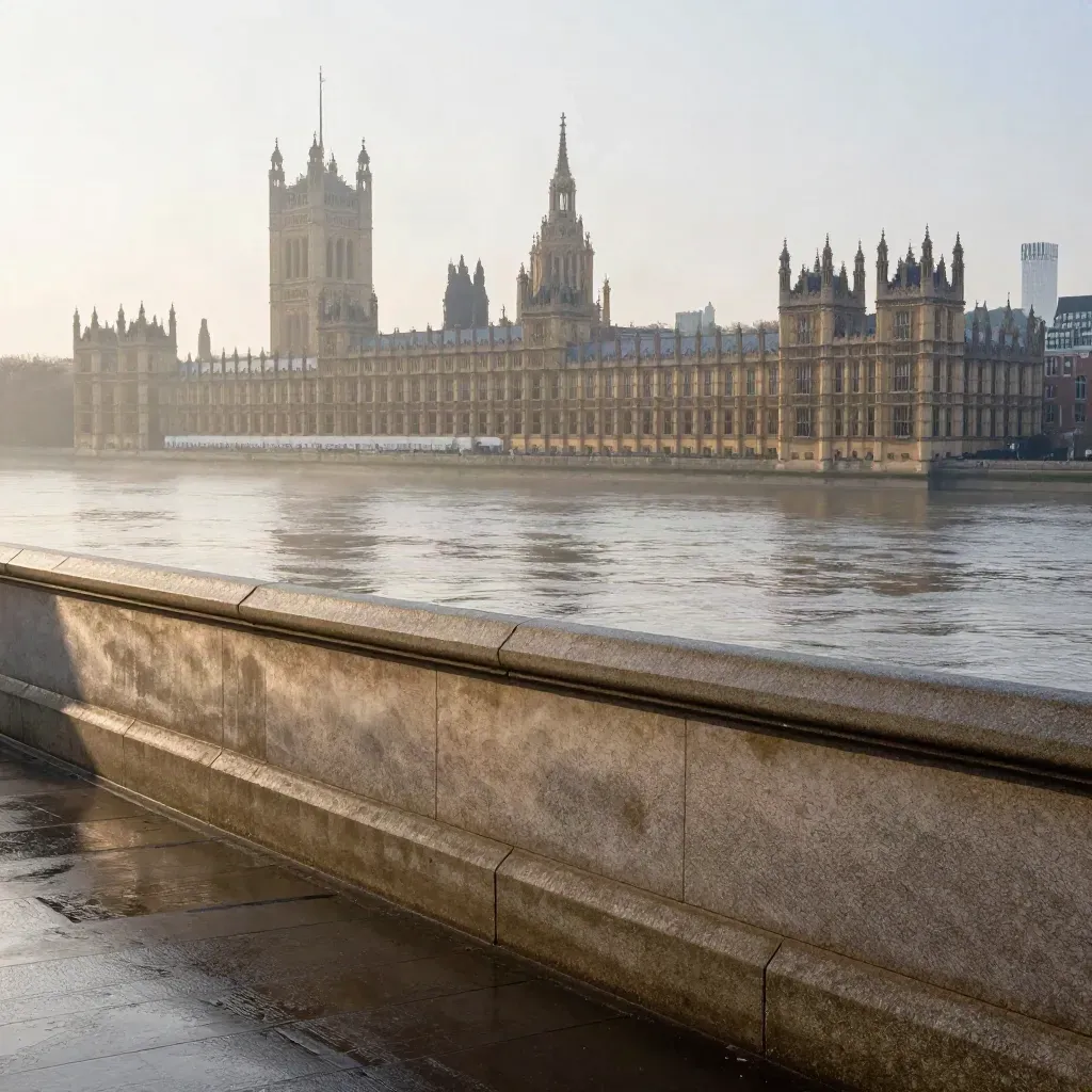 Westminster and the Thames at dawn with mist, wet stone embankment and calm river