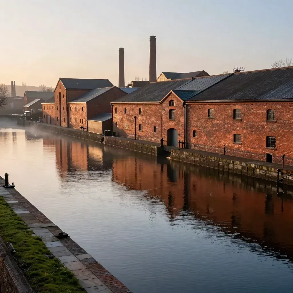 Sunlit Manchester canal, red-brick waterfront, calm water and hazy industrial skyline.