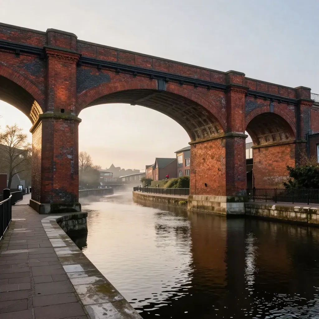 Sunlit canal basin with brick viaducts over calm water in a hazy West Midlands civic quarter