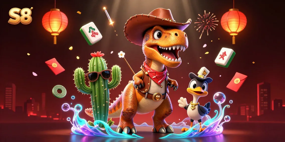 S8 offers dynamic gameplay with a cowboy dinosaur winning big in a vibrant 3D casino scene.