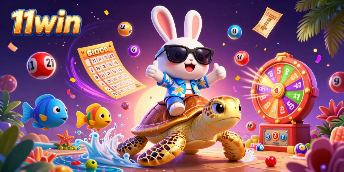 Engage your luck with 11win in a vibrant casino scene featuring a lucky rabbit and golden turtle.