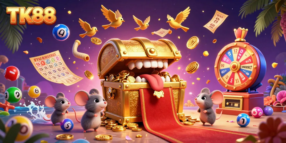 TK88 invites adventure seekers with a vibrant, colorful illustration of treasure and gambling delights.