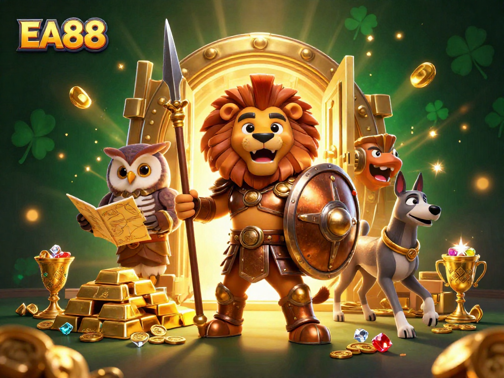 Experience thrilling excitement with EA88 in this dynamic 3D casino scene featuring legendary characters.