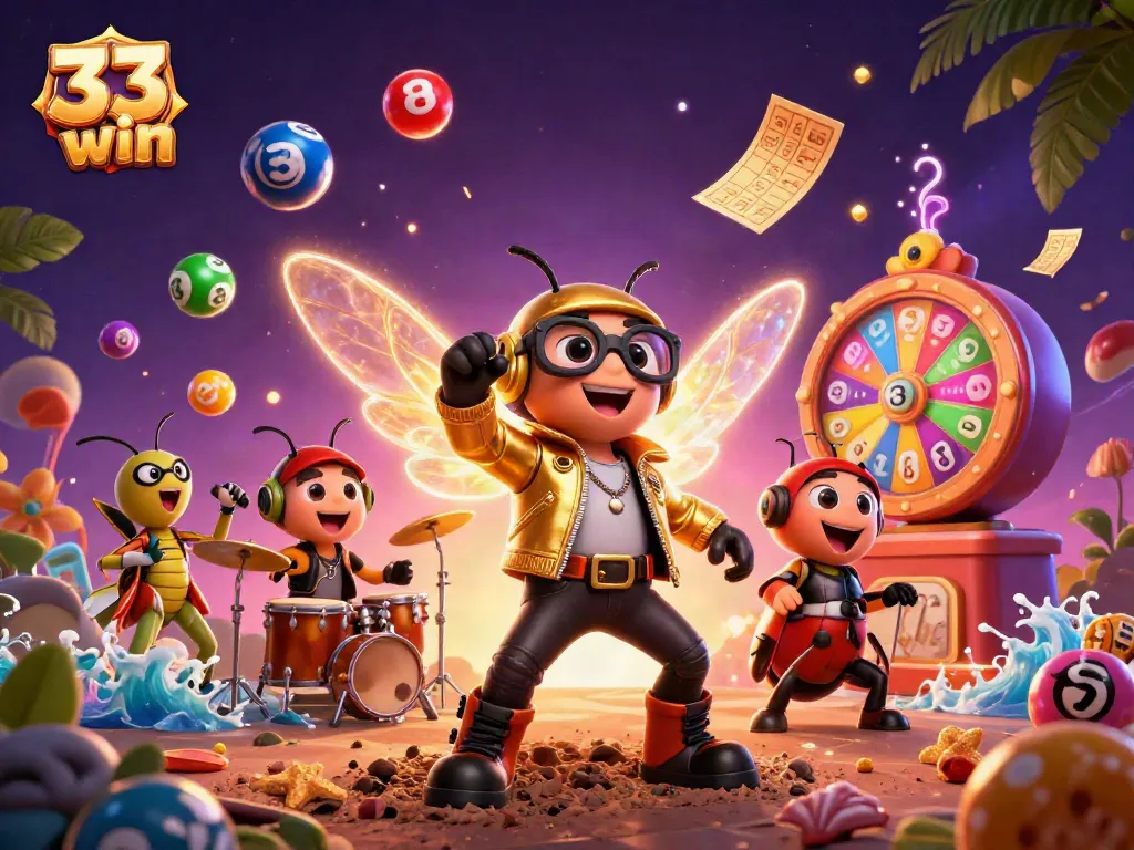 Experience excitement betting at 33 win with vibrant lottery balls, a rock star, and lively game elements.