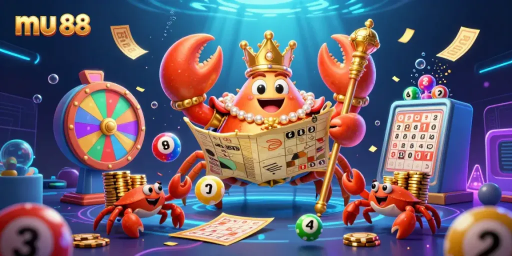 Engage with mu 88's vibrant 3D casino universe featuring a golden crab emperor and dynamic game elements.