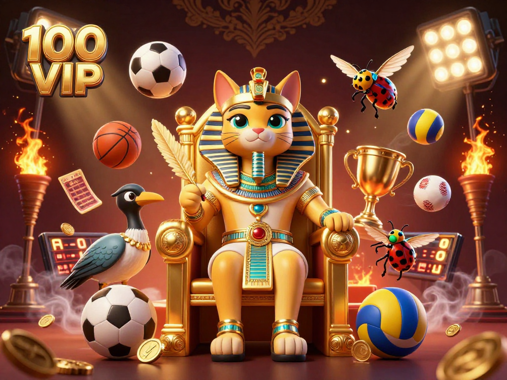Join the excitement of 100 VIP with a captivating 3D illustration of casino-themed elements and characters.