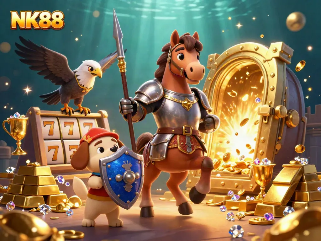 Join the adventure with NK88 as a medieval knight, a squire puppy, and a falcon explore treasure and slot games.