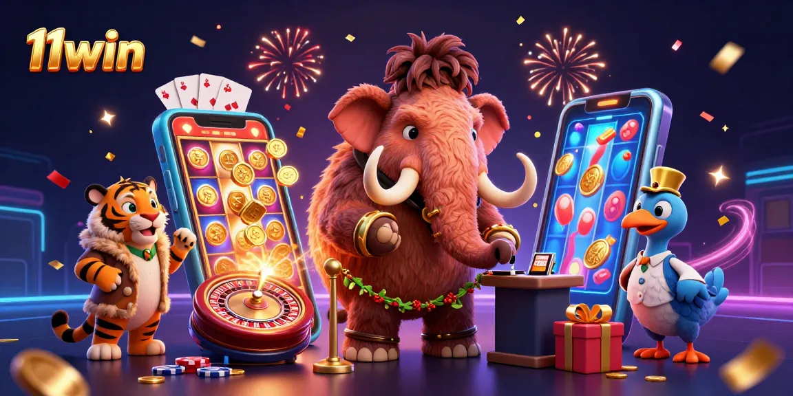 Immerse yourself in 11win's vibrant casino world featuring dynamic characters, colorful slots, and festive elements.
