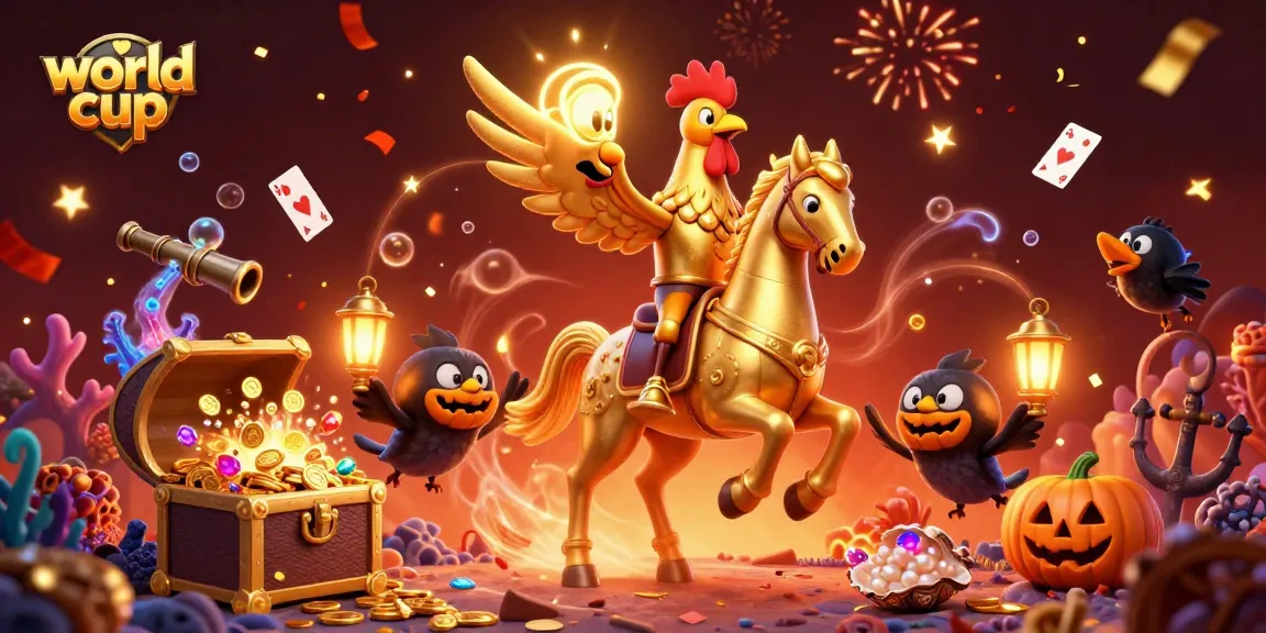 Engage with the world cup through this vibrant casino scene featuring a golden rooster and treasures.