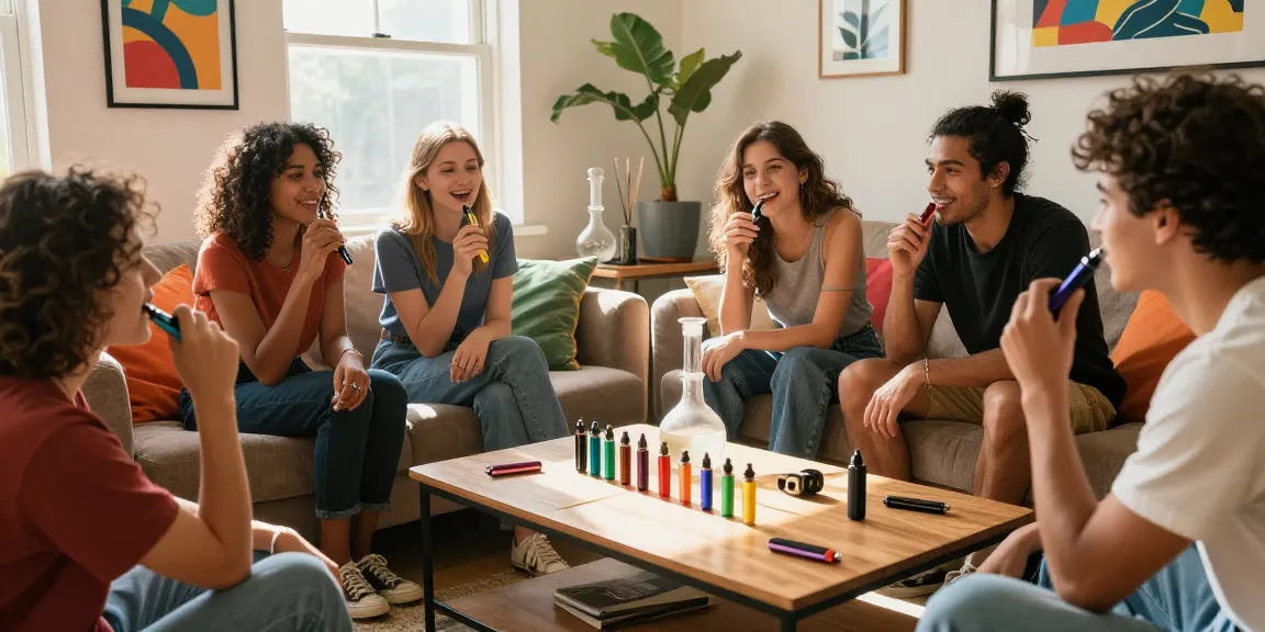 Friends enjoying thc vapes in a cozy living room full of warmth and laughter