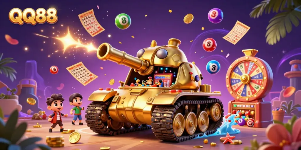 Immerse in QQ88's vibrant lottery-inspired scene filled with dazzling casino elements and golden surprises.