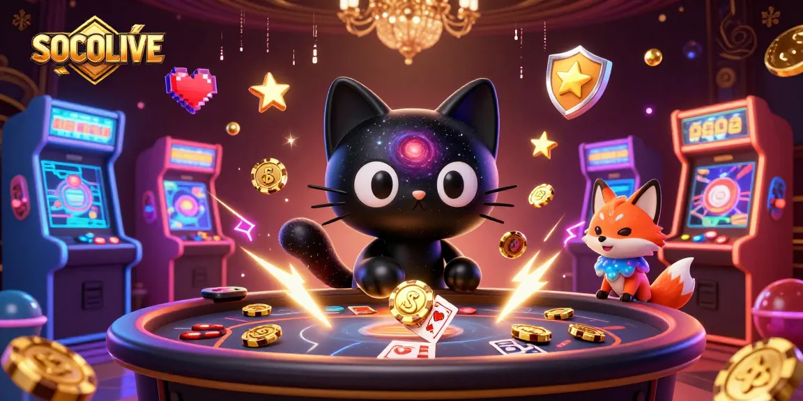 SOCOLIVE attracts players with a vibrant 3D casino scene featuring a cosmic cat and fox.