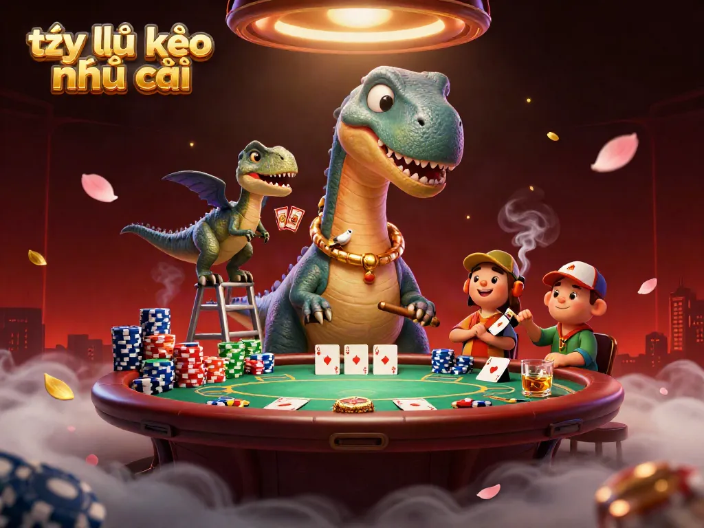 Place bets using tỷ lệ kèo nhà cái while a brontosaurus oversees the poker game, showcasing vibrant casino elements.