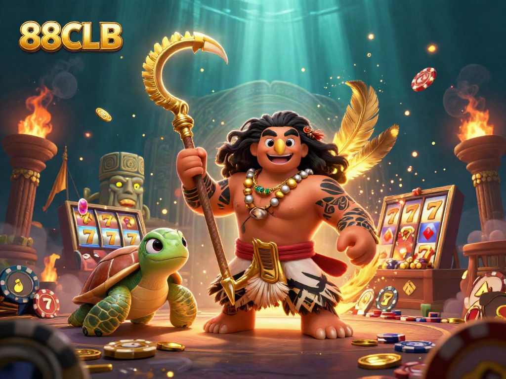 Engage in vibrant casino thrills with 88CLB's animated demigod and adventurous turtle amidst gold coins and game elements.