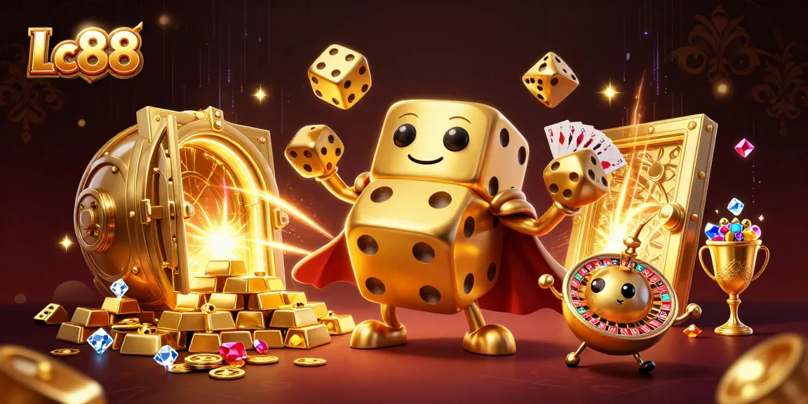 Play at Lc88 with vibrant 3D visual elements capturing the excitement of online gambling.