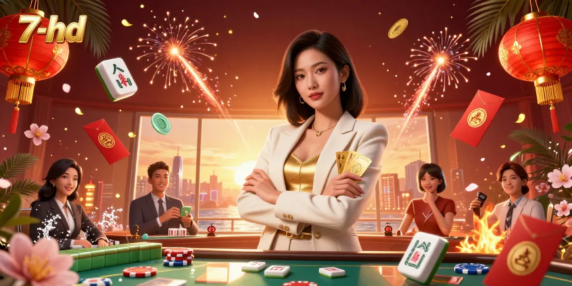 Experience the thrill of 7-hd as an elegant businesswoman plays golden deck cards in a dynamic gambling scene.