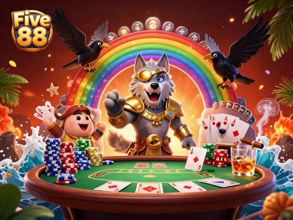Experience luxurious gaming at Five 88 with vibrant casino characters surrounded by poker elements