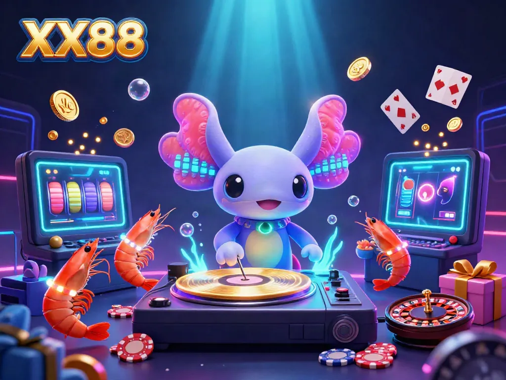 Experience the electrifying casino vibes with XX88 featuring a neon axolotl DJ, stunning game elements, and vibrant underwater effects.