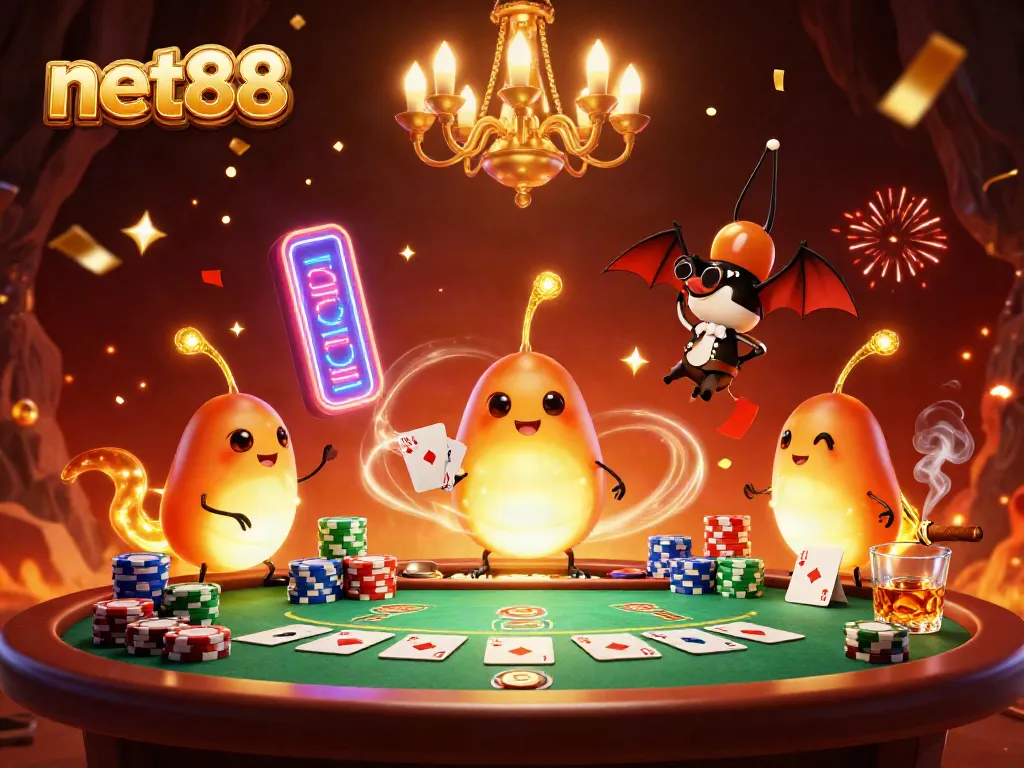 Engaging players with net88 in a dynamic casino scene featuring glowworms and a bat dealer.