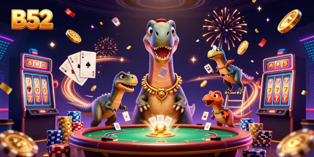 Experience the excitement of B52 gaming with a vibrant 3D illustration featuring dynamic elements of a casino.